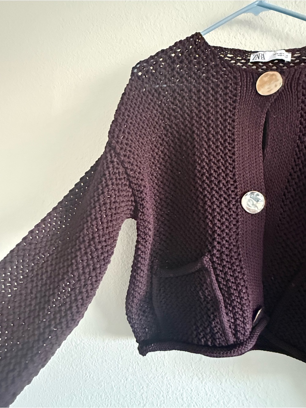 Zara Dark Plum Crochet Button-Up Cardigan - Picture 4 of 6